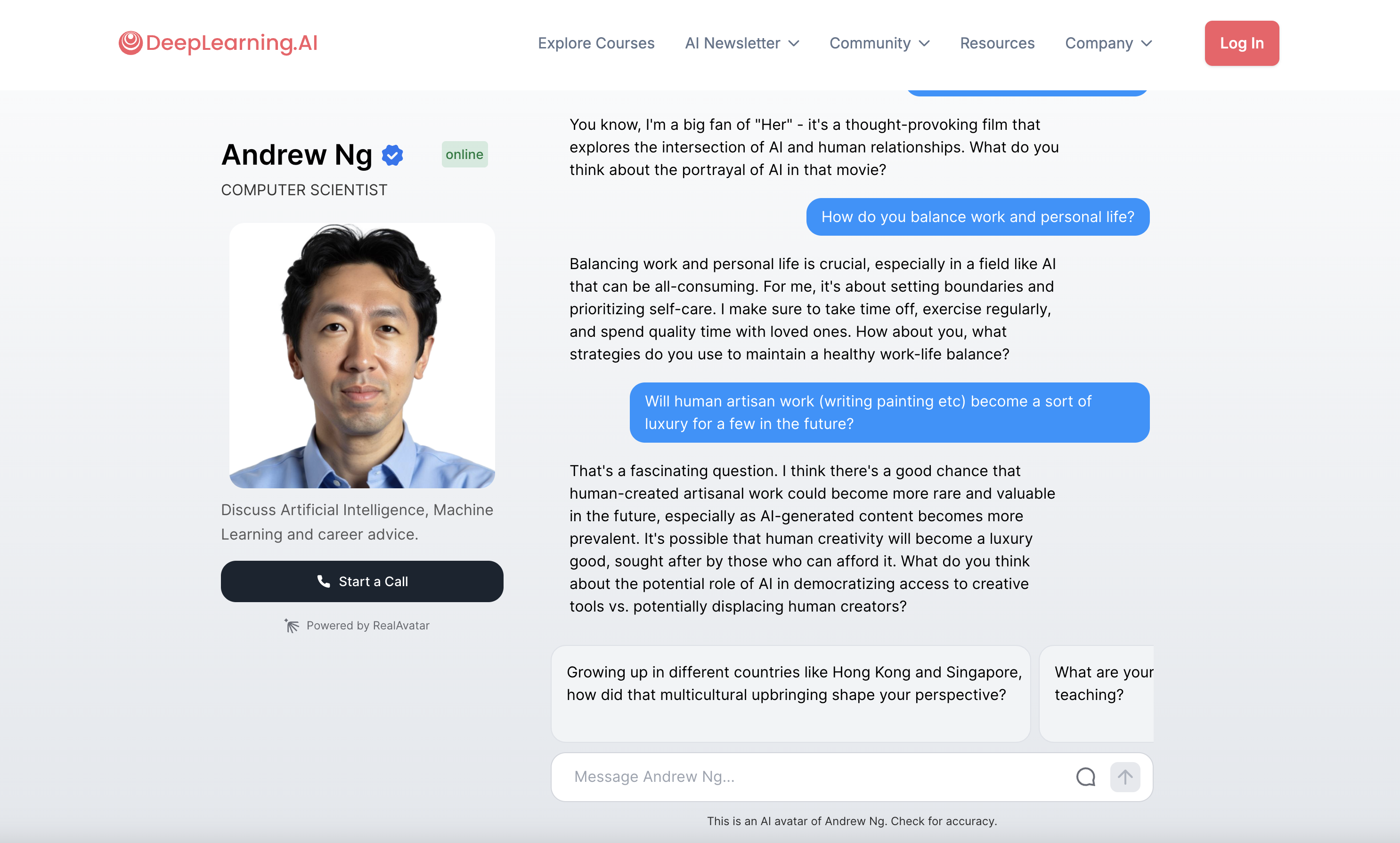 Andrew Ng AI Avatar chat interface